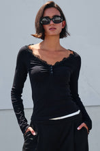 Load image into Gallery viewer, Urban Daizy - Lace Trim Ribbed Knit Henley Top