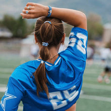 Load image into Gallery viewer, K'lani hair tie bracelets - "Game Day" Blue & White Hair Tie Bracelets
