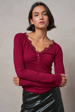 Load image into Gallery viewer, Urban Daizy - Lace Trim Ribbed Knit Henley Top