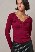 Load image into Gallery viewer, Urban Daizy - Lace Trim Ribbed Knit Henley Top