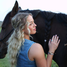 Load image into Gallery viewer, K'lani hair tie bracelets - "Gallop" Horse & Bit Equestrian Accents in Rich Brown & Blue Hair Tie Bracelets