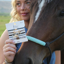 Load image into Gallery viewer, K'lani hair tie bracelets - "Gallop" Horse & Bit Equestrian Accents in Rich Brown & Blue Hair Tie Bracelets