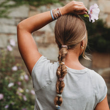 Load image into Gallery viewer, K'lani hair tie bracelets - "Bloom" Maroon & Pink with Pressed Flowers Hair Tie Bracelets