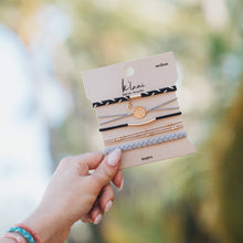 Load image into Gallery viewer, K'lani hair tie bracelets - "Inspire" Grey & Black with Gold Flower Accent Hair Tie Bracelets