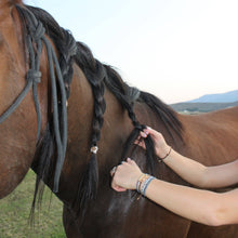 Load image into Gallery viewer, K'lani hair tie bracelets - "Gallop" Horse & Bit Equestrian Accents in Rich Brown & Blue Hair Tie Bracelets