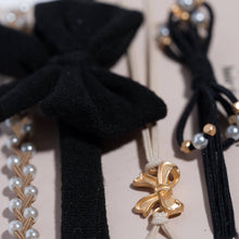 Load image into Gallery viewer, K'lani hair tie bracelets - "Harmony" Pearls & Bows in Black & Cream Hair Tie Bracelets