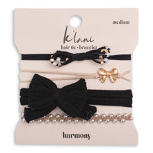 Load image into Gallery viewer, K'lani hair tie bracelets - "Harmony" Pearls & Bows in Black & Cream Hair Tie Bracelets