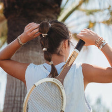 Load image into Gallery viewer, K'lani hair tie bracelets - "Rise" Cream and Tan With Gold & Sun Accents Hair Tie Bracelets