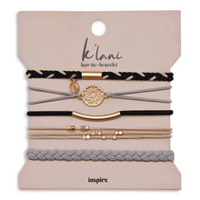 Load image into Gallery viewer, K'lani hair tie bracelets - "Inspire" Grey & Black with Gold Flower Accent Hair Tie Bracelets