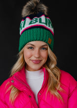 Load image into Gallery viewer, Green, Navy &amp; Pink Ski Bum Pom Hat

