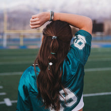Load image into Gallery viewer, K'lani hair tie bracelets - "Game Day" Green, White &amp; Black Hair Tie Bracelets
