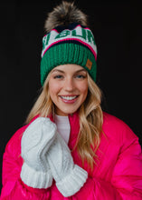 Load image into Gallery viewer, Green, Navy &amp; Pink Ski Bum Pom Hat
