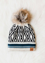 Load image into Gallery viewer, White, Black, Blue &amp; Tan Patterned Pom Hat
