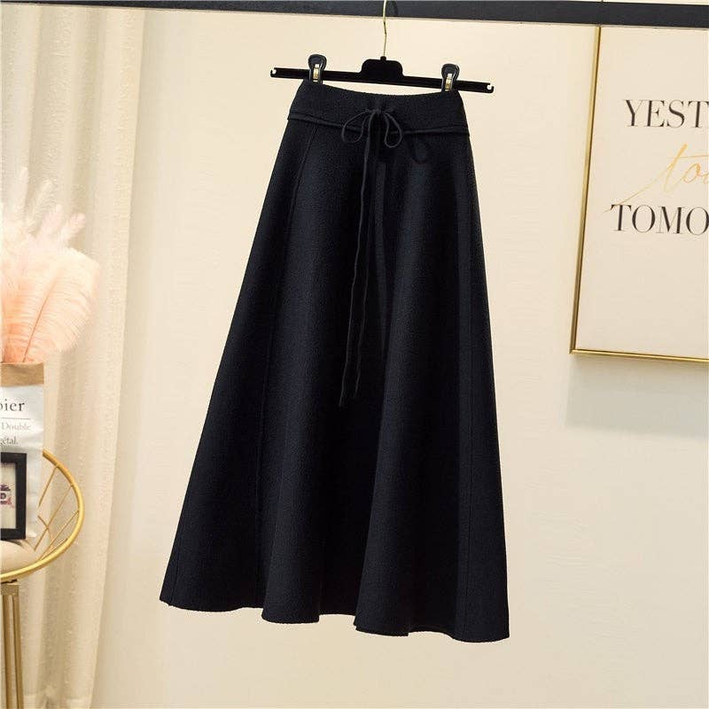 Solid Color High Waist A-Line Pleated Long Knitted Skirt