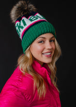 Load image into Gallery viewer, Green, Navy &amp; Pink Ski Bum Pom Hat
