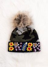 Load image into Gallery viewer, Luxe Green Camo w/ Floral Pattern Cuff Pom Hat
