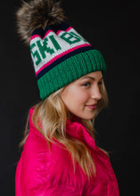 Load image into Gallery viewer, Green, Navy &amp; Pink Ski Bum Pom Hat
