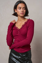 Load image into Gallery viewer, Urban Daizy - Lace Trim Ribbed Knit Henley Top
