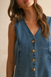 MIOU MUSE - R4752   BUTTON FRONT SLEEVELESS DENIM ROMPER