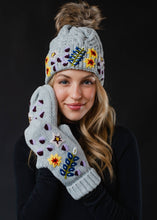 Load image into Gallery viewer, Grey Hand Stitched Floral Knit Mittens
