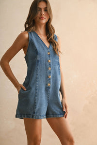 MIOU MUSE - R4752   BUTTON FRONT SLEEVELESS DENIM ROMPER