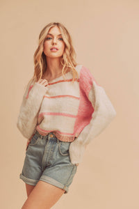 Mona Knit Stripe Pullover Sweater: White/Pink / L / Knit