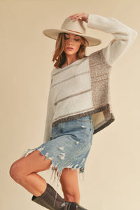 Mona Knit Stripe Pullover Sweater: White/Oat / L / Knit