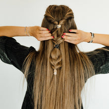 Load image into Gallery viewer, K'lani hair tie bracelets - "Inspire" Grey &amp; Black with Gold Flower Accent Hair Tie Bracelets
