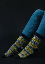 Load image into Gallery viewer, Dk Navy, Yellow &amp; Olive Pattern Socks
