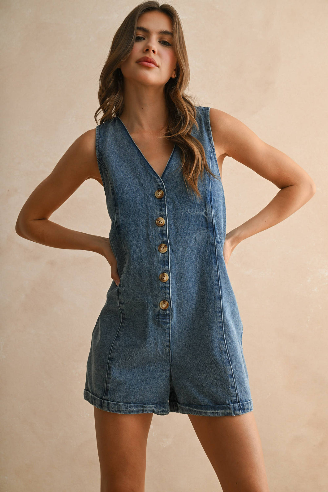 MIOU MUSE - R4752   BUTTON FRONT SLEEVELESS DENIM ROMPER