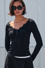 Load image into Gallery viewer, Urban Daizy - Lace Trim Ribbed Knit Henley Top
