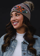 Load image into Gallery viewer, Luxe Tan Patterned w/ Floral Pattern Cuff Pom Hat
