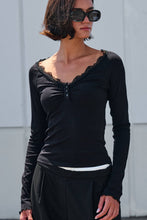 Load image into Gallery viewer, Urban Daizy - Lace Trim Ribbed Knit Henley Top

