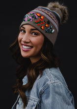 Load image into Gallery viewer, Luxe Tan Patterned w/ Floral Pattern Cuff Pom Hat
