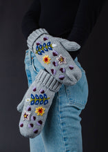 Load image into Gallery viewer, Grey Hand Stitched Floral Knit Mittens
