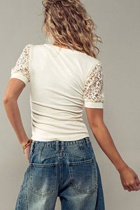 Floral Lace Henley Top: IVORY / S-2/M-2/L-2