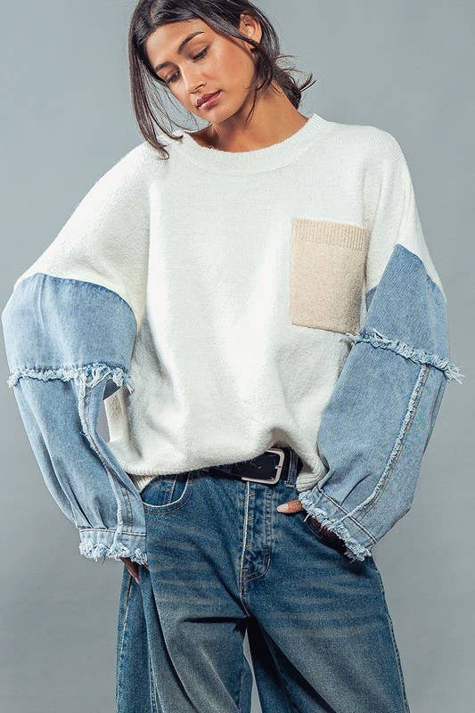 Denim Sleeve Color Blocked Sweater : IVORY / S/M-3:M/L-3