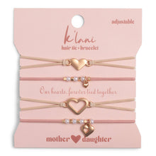 Load image into Gallery viewer, K'lani hair tie bracelets - "Mother / Daughter" Pink with Pearls &amp; Gold Hearts Shareable Hair Tie Bracelets
