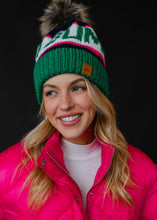 Load image into Gallery viewer, Green, Navy &amp; Pink Ski Bum Pom Hat

