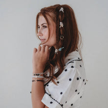 Load image into Gallery viewer, K'lani hair tie bracelets - "Flirt" Polka Dot in Cream &amp; Black with Green Accent Hair Tie Bracelets
