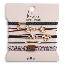 Load image into Gallery viewer, K'lani hair tie bracelets - "Gallop" Horse &amp; Bit Equestrian Accents in Rich Brown &amp; Blue Hair Tie Bracelets
