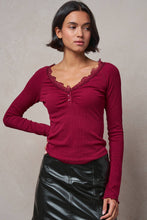 Load image into Gallery viewer, Urban Daizy - Lace Trim Ribbed Knit Henley Top
