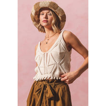 Load image into Gallery viewer, OPEN KNIT CROP TANK TOP WITH SCALLOP HEM: OATMEAL / S
