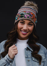 Load image into Gallery viewer, Luxe Tan Patterned w/ Floral Pattern Cuff Pom Hat
