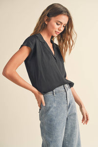 MIOU MUSE - MMT1194   BUTTON DOWN CAP SLEEVE SHIRTS