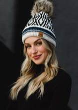 Load image into Gallery viewer, White, Black, Blue &amp; Tan Patterned Pom Hat
