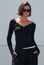 Load image into Gallery viewer, Urban Daizy - Lace Trim Ribbed Knit Henley Top

