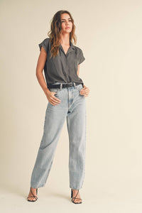 MIOU MUSE - MMT1194   BUTTON DOWN CAP SLEEVE SHIRTS