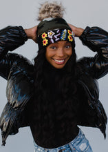 Load image into Gallery viewer, Luxe Green Camo w/ Floral Pattern Cuff Pom Hat
