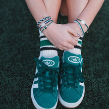 Load image into Gallery viewer, K'lani hair tie bracelets - "Game Day" Green, White &amp; Black Hair Tie Bracelets
